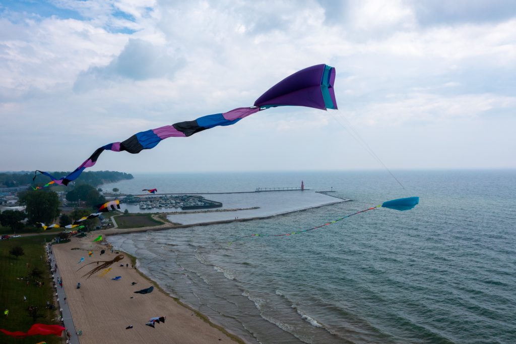Kite flying over Crescent Beach in Algoma, WI